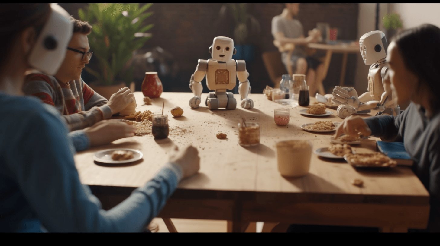a picture of a group of friends, and a robot amoung them