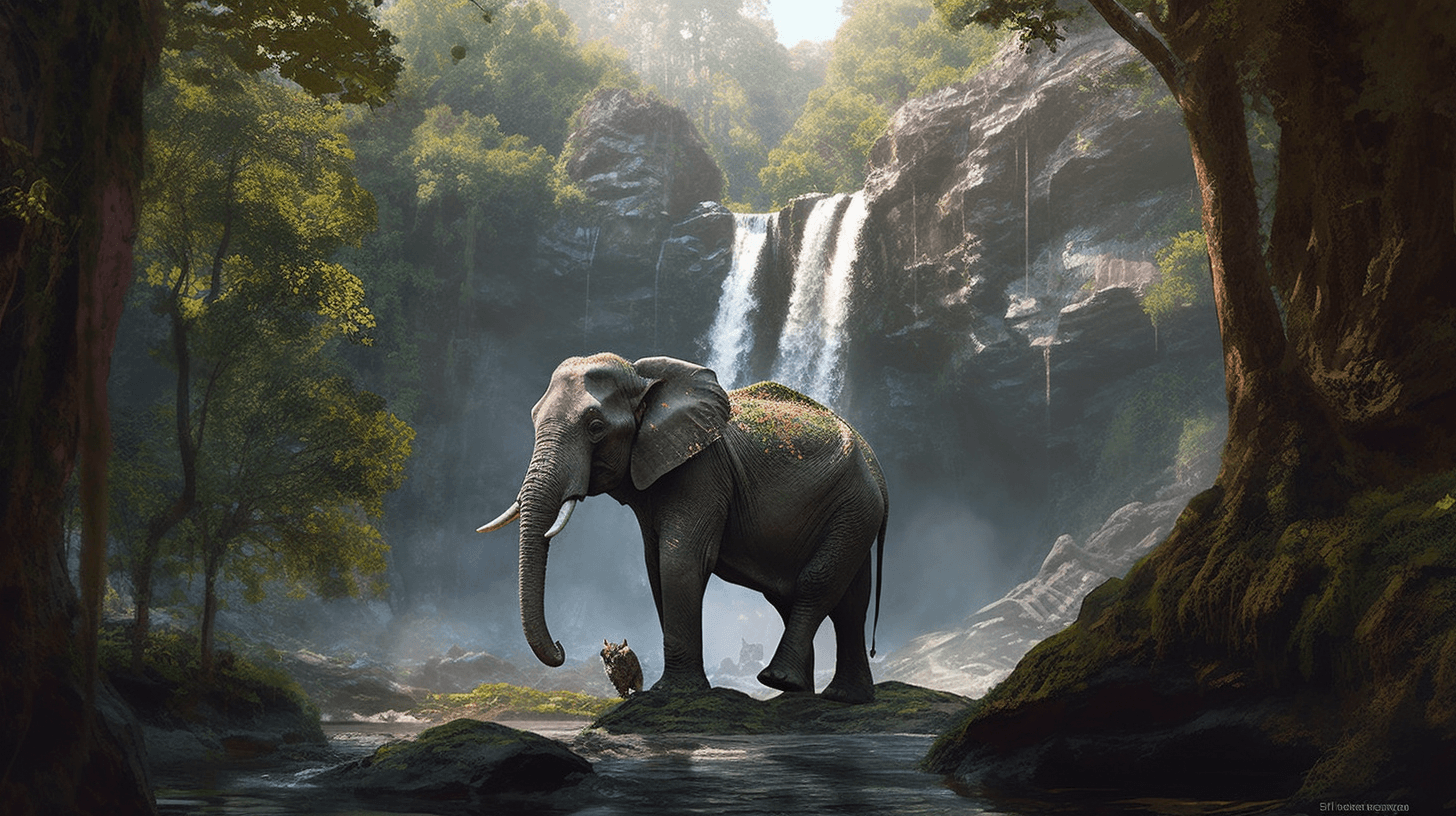 an elephant at the waterfall