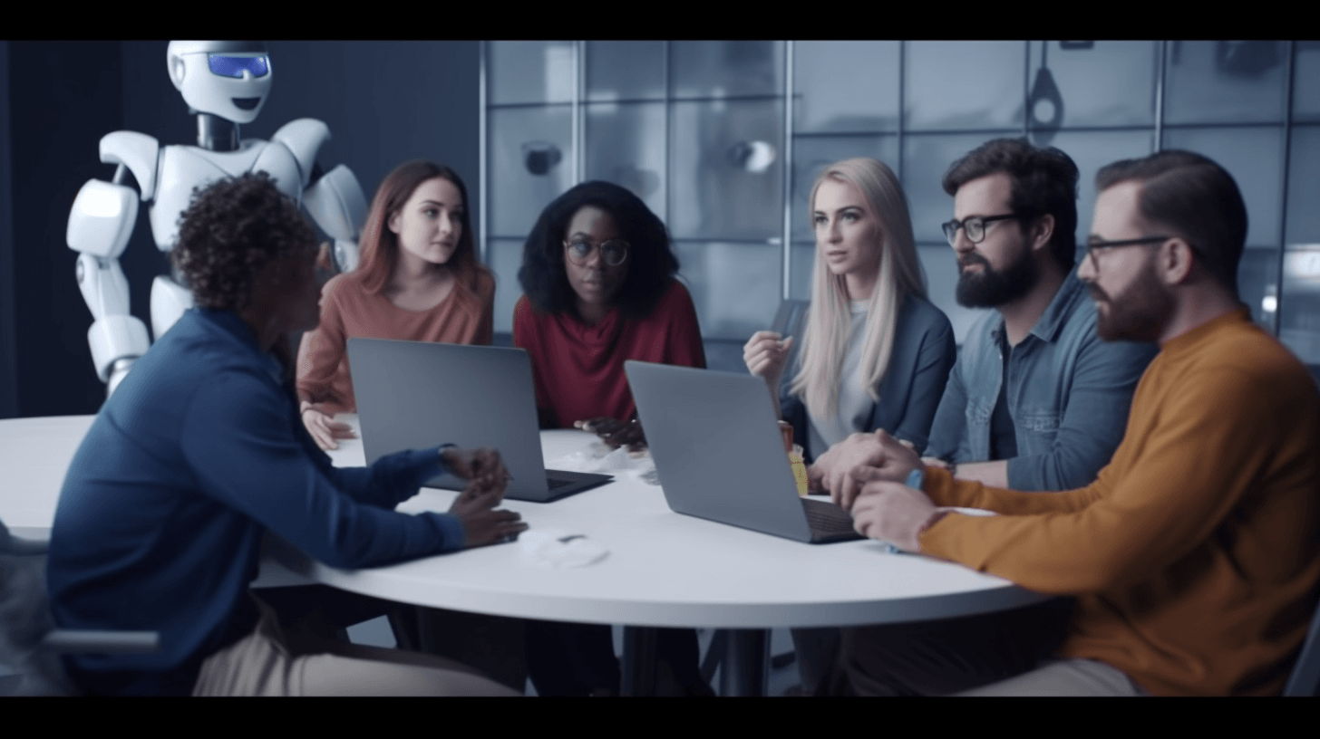 a picture of a group of friends with laptops chatting enrgeticly and giving orders to a cartoonlike robots